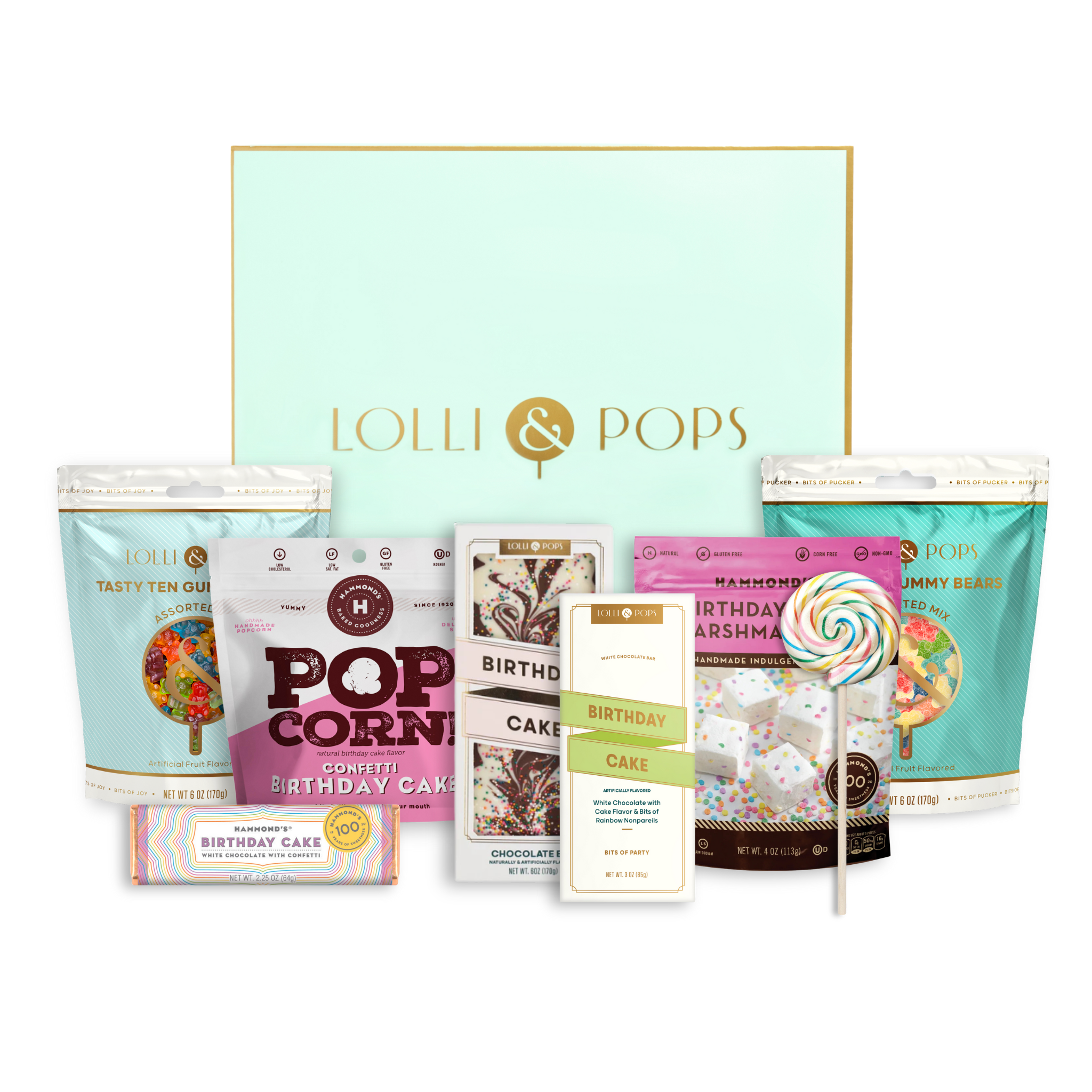 L&P and Hammonds Candies birthday box with gummy bear bags, birthday cake popcorn, marshmallows, lollipop, and chocolate bars
