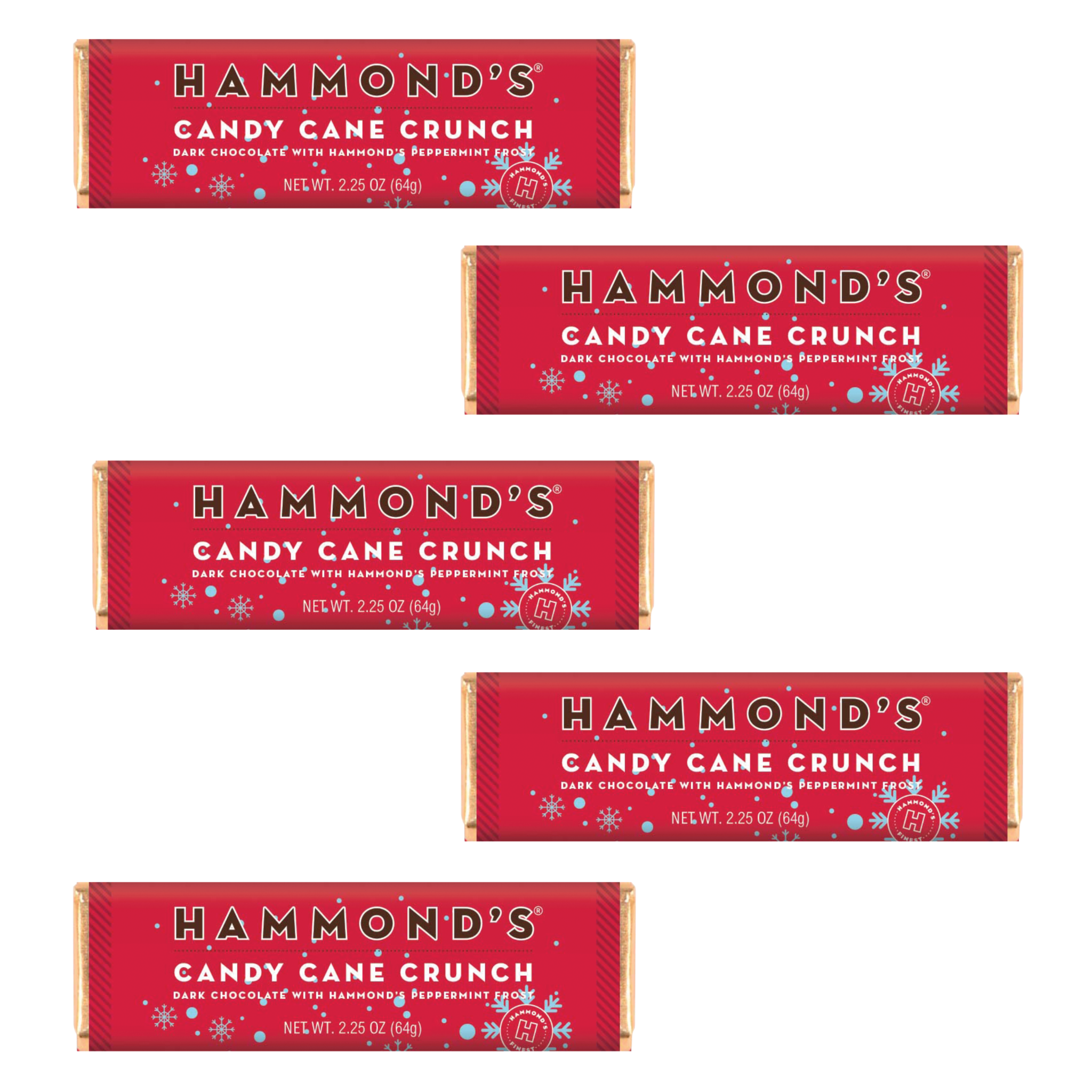 Multiple packages of Hammond's Candy Cane Crunch on a white background