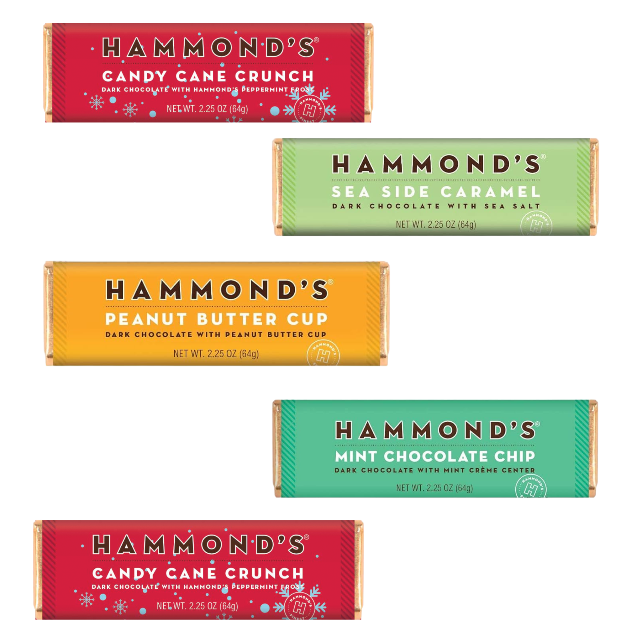 Five different varieties of Hammond's chocolate bars on a white background