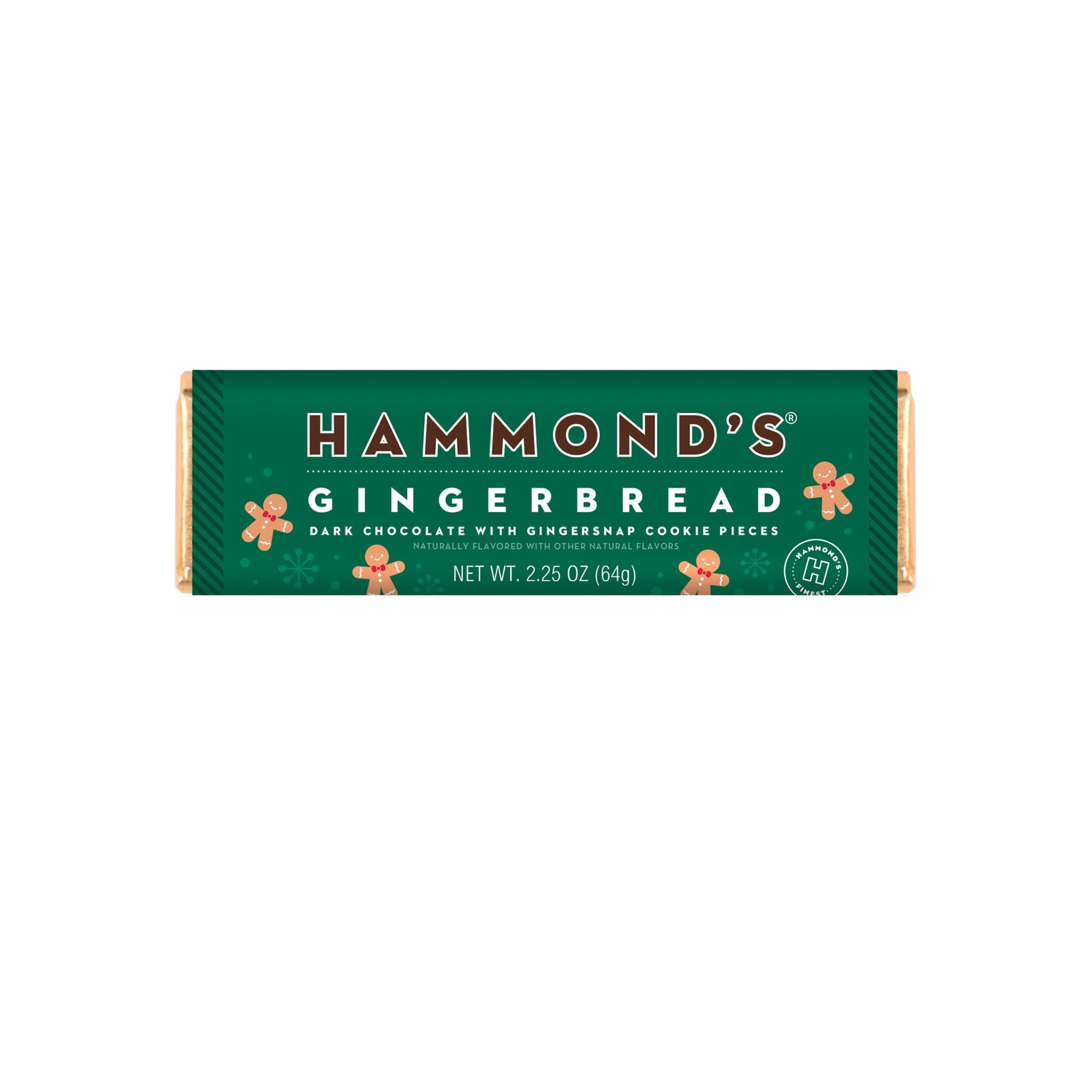 A packaged bar of Hammond's Gingerbread Dark Chocolate with Gingershay Cookie Pieces on a plain white background.