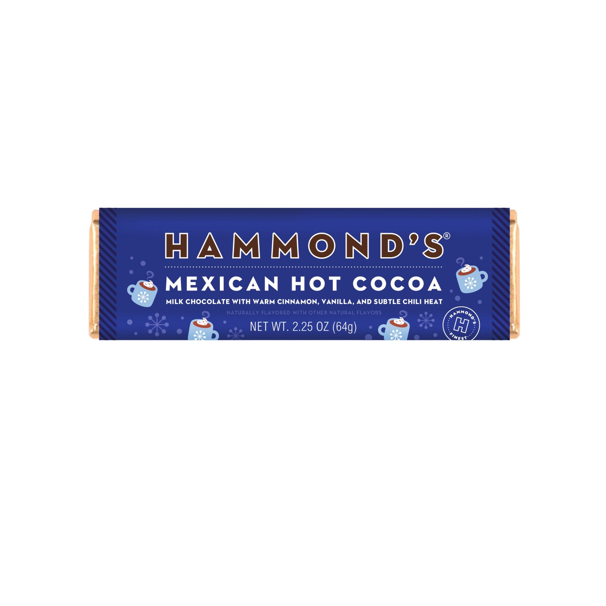 A packaged bar of Hammond's Mexican Hot Cocoa, featuring a dark blue wrapper with gold foil edges and white text, shown against a plain white background.