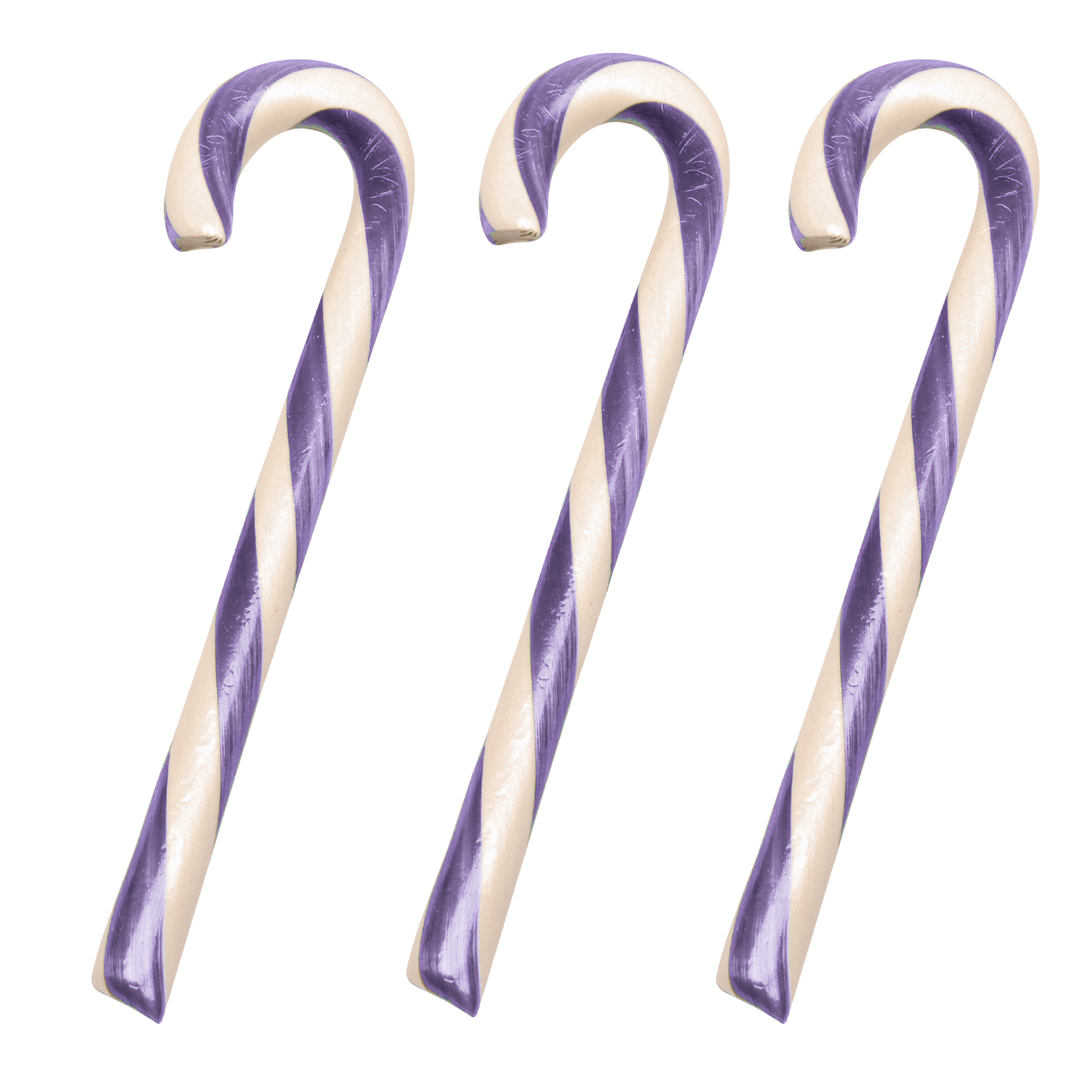 Three purple and white striped candy canes arranged side by side on a plain white background.