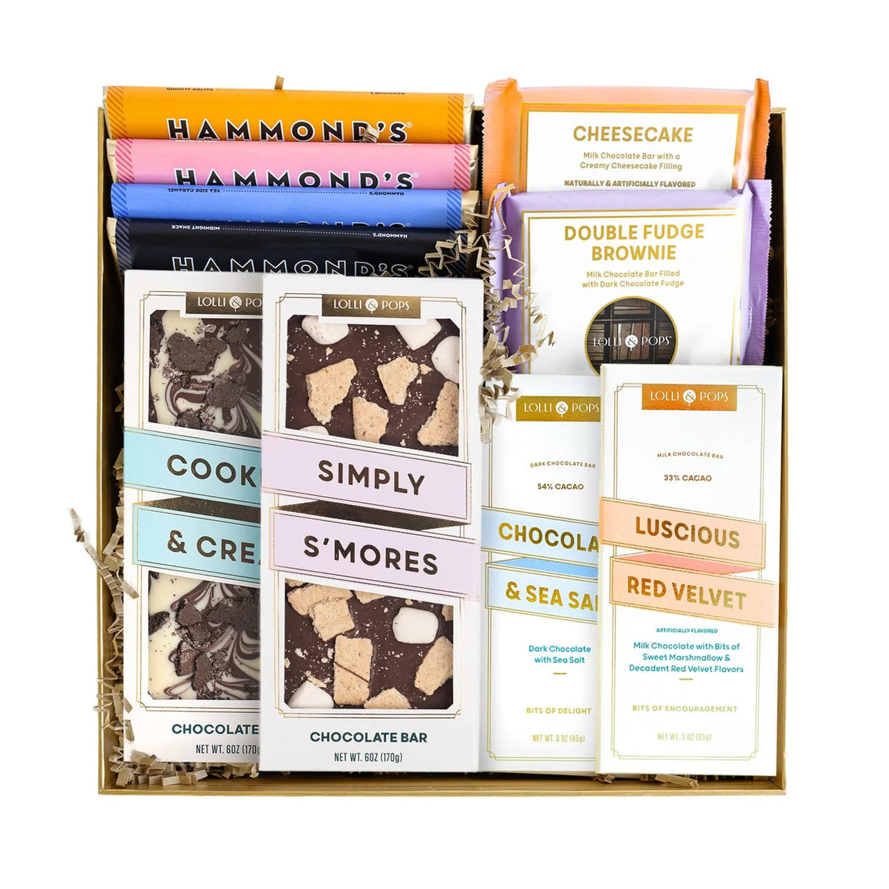 Assorted chocolate bars in a gift box with various flavors.