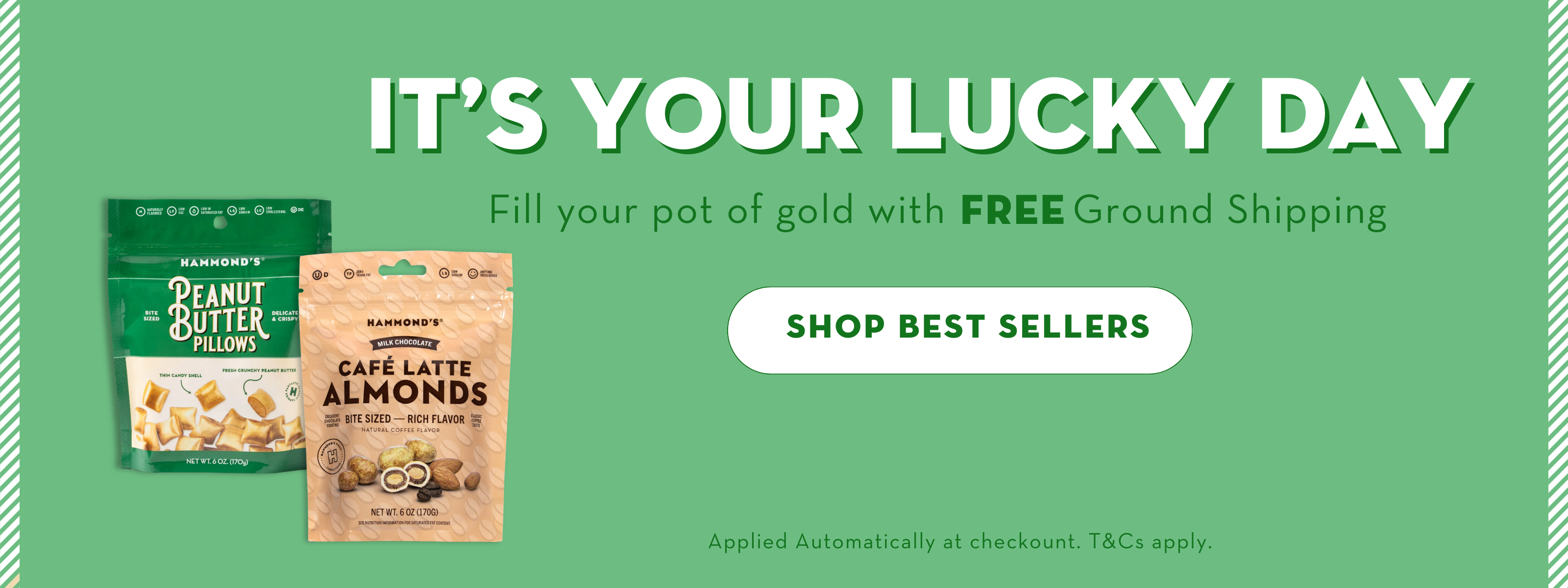 Promotional banner for Hammond's Candies for St Patrick's Say with green background