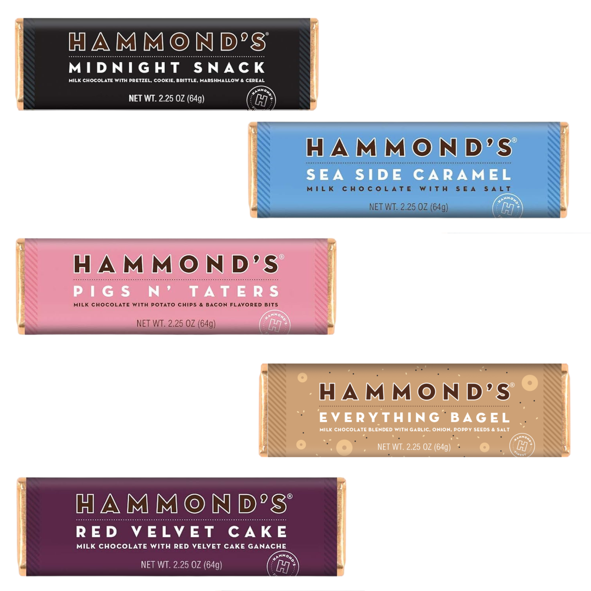 Five different flavors of Hammond's chocolate bars on a white background