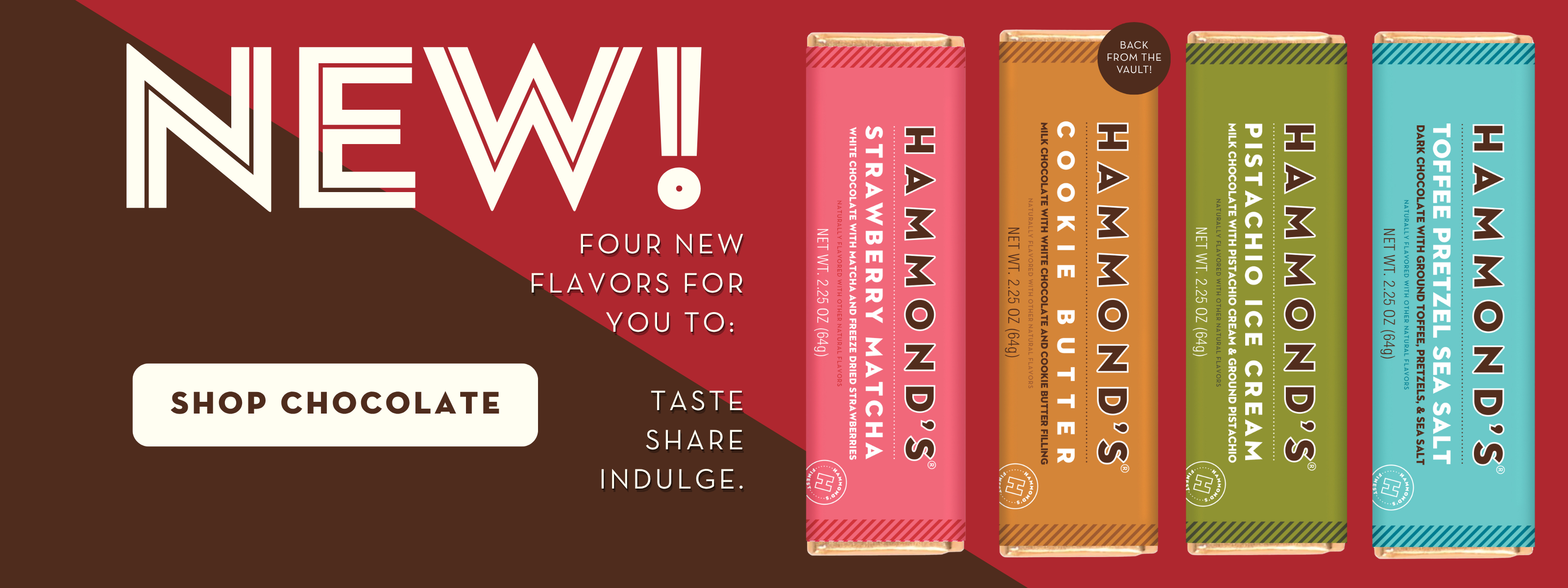 Promotional banner for Hammond's chocolate bars with new flavor options.
