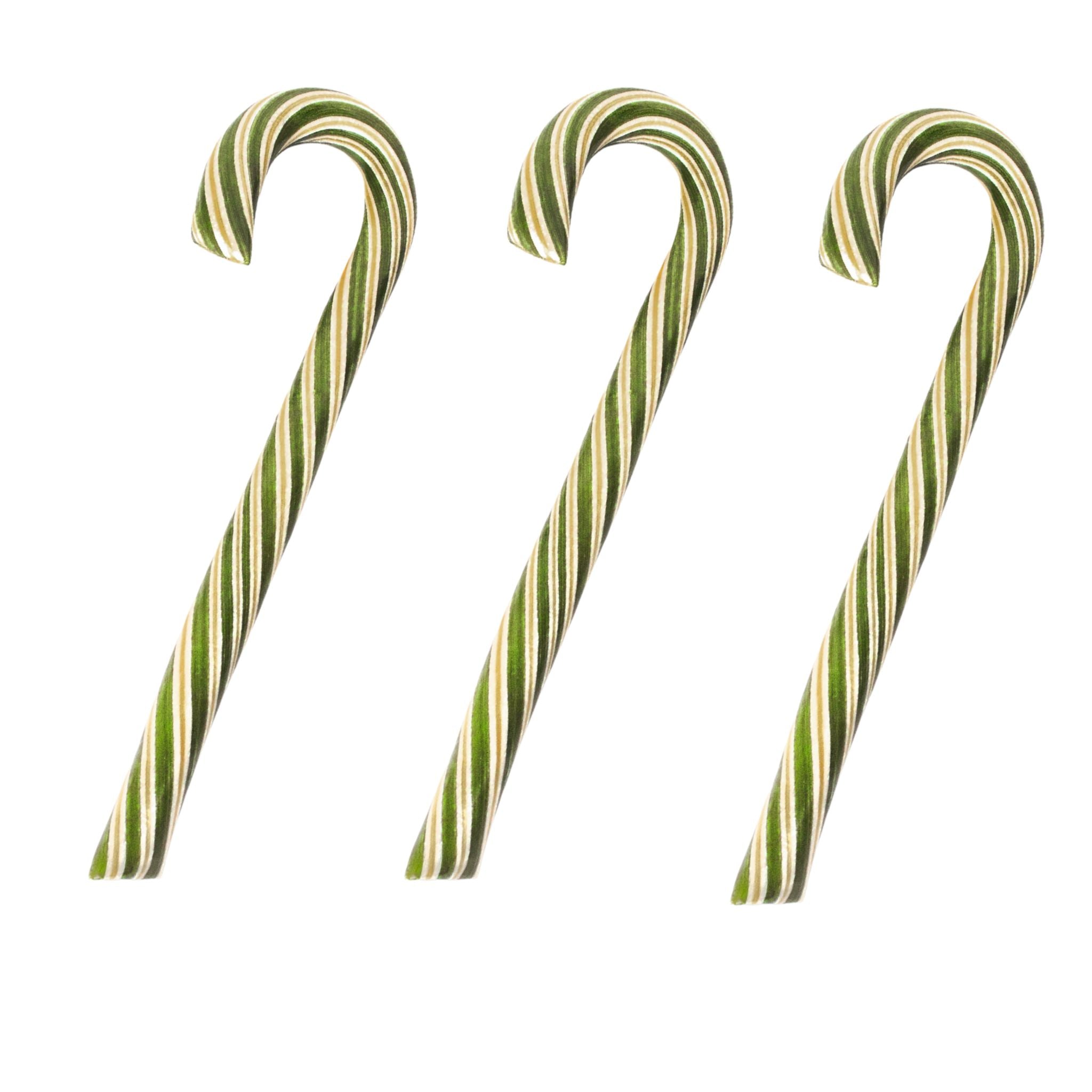 Three green and white striped candy canes arranged side by side on a plain white background.