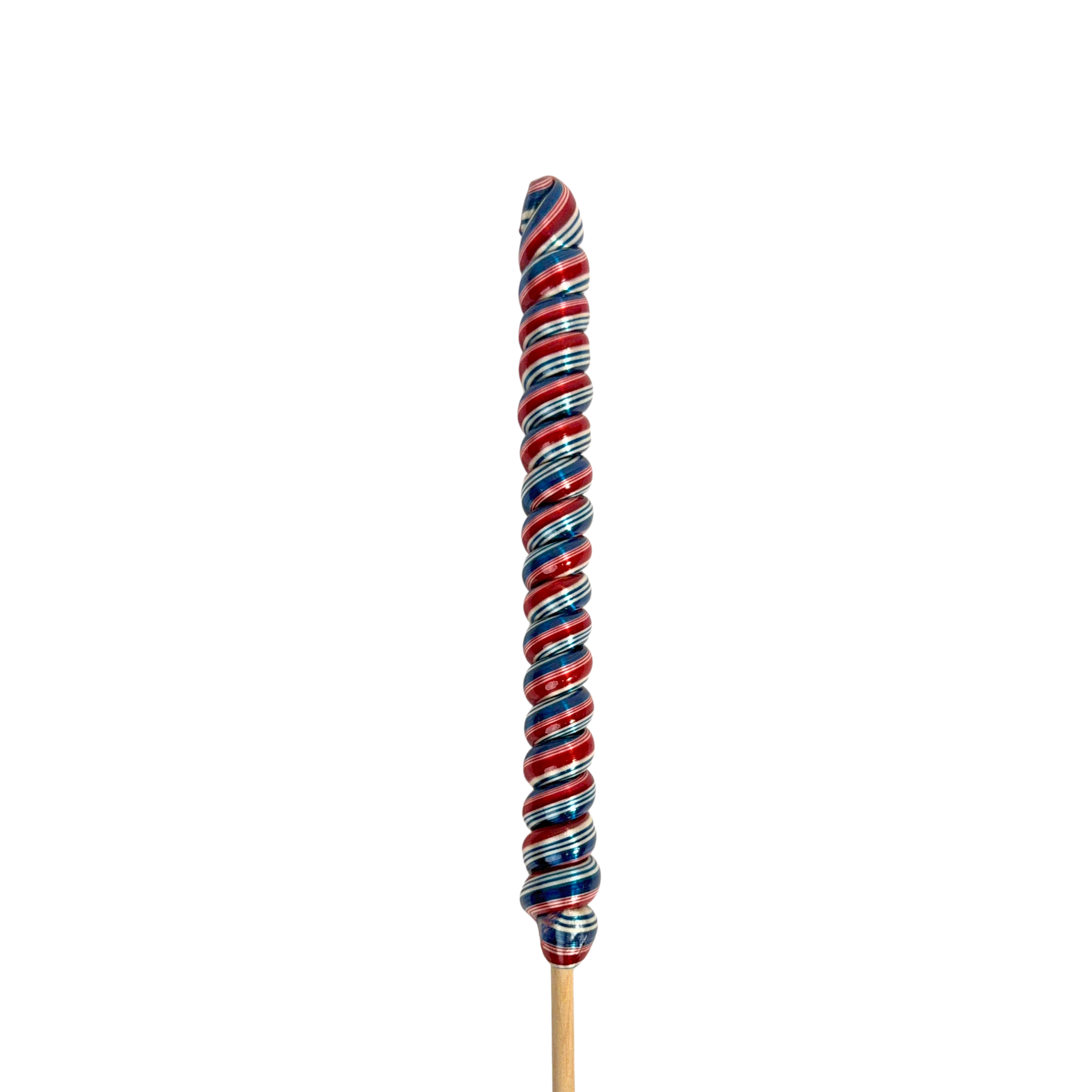 Colorful striped candy on a stick against a white background