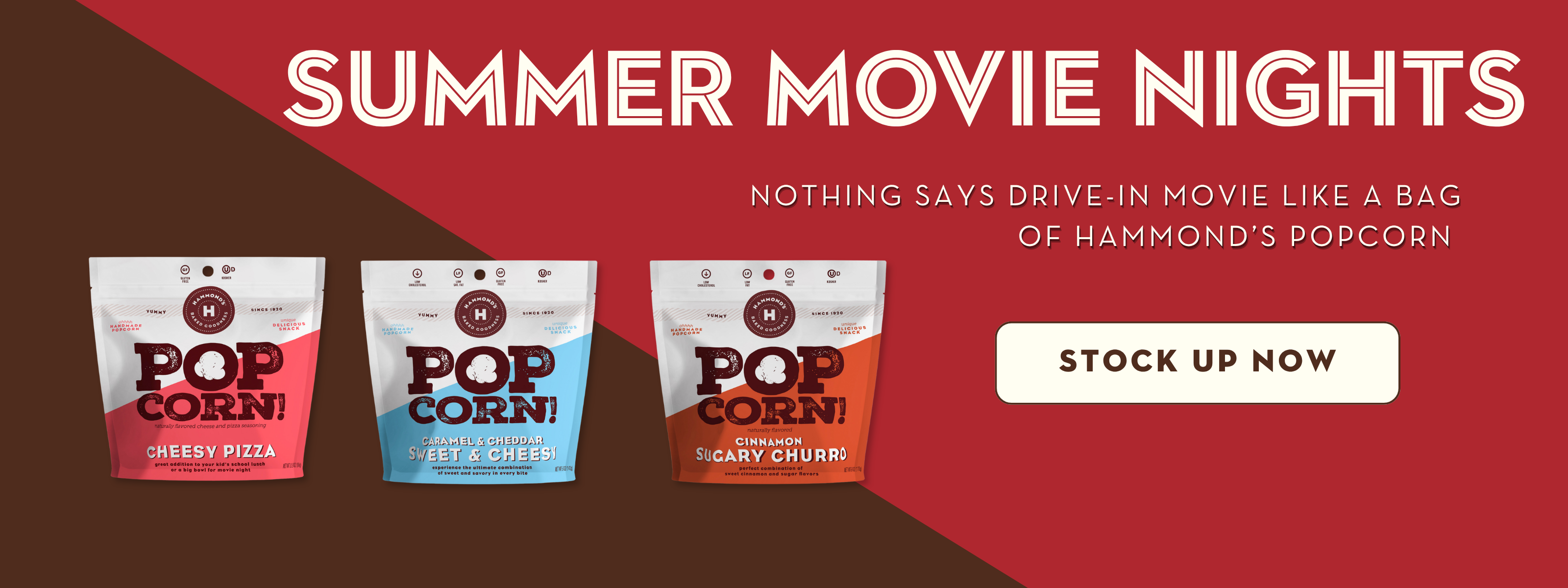 Promotional banner for Hammond's Popcorn featuring three stand-up pouches of popcorn on a red and dark brown background with the text 'SUMMER MOVIE NIGHTS' and a white 'STOCK UP NOW' button.