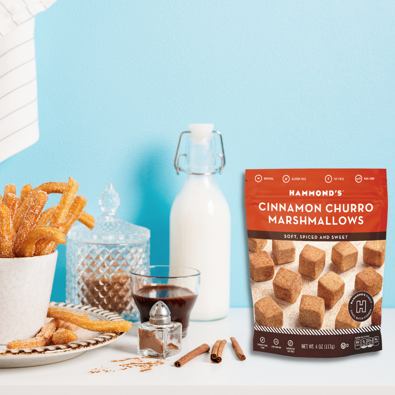 Churro Marshmallows with real churros and ingredients in background