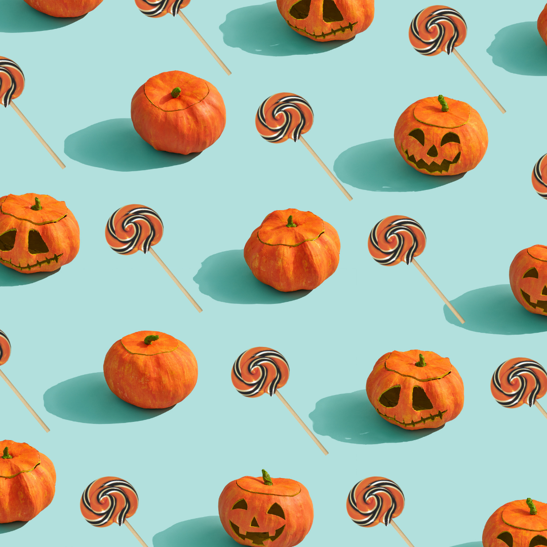 This is a social media image of our halloween lollipop mixed with pumpkins on a blue background.